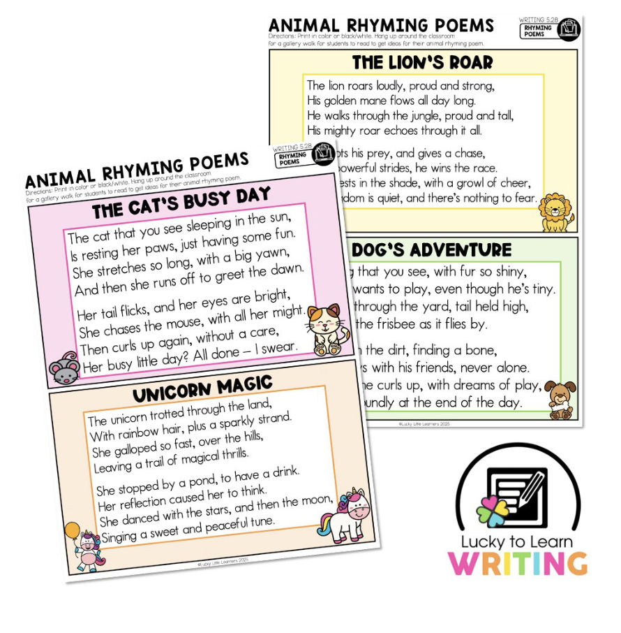 Examples of animal rhyming poems displayed for 2nd grade students to use as inspiration in their poetry writing, focusing on different animals and their characteristics through rhymes.